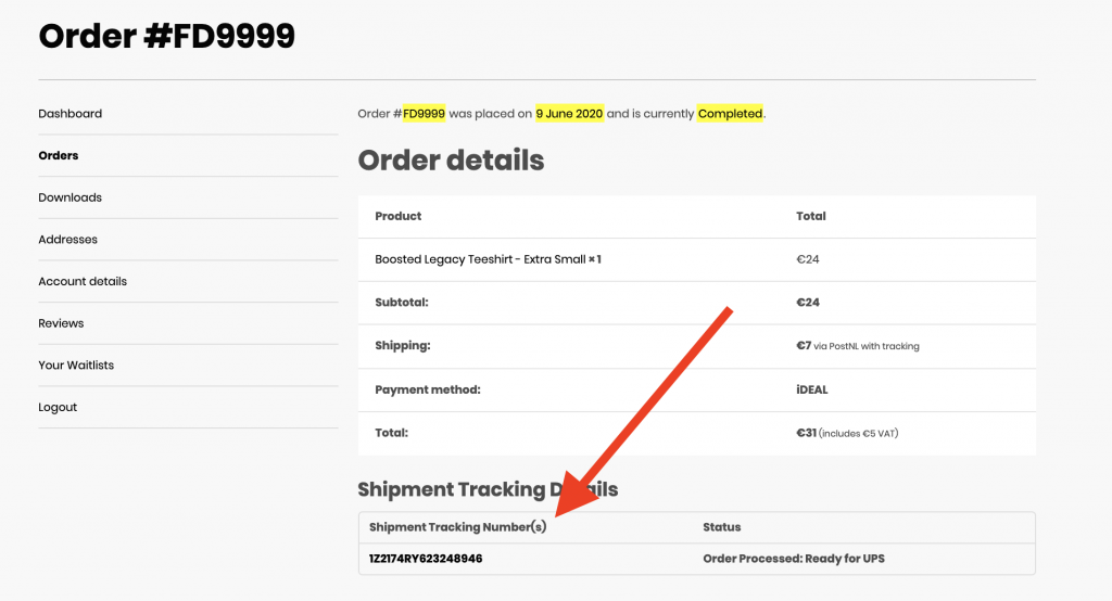 Where do i find my UPS tracking code? You can find your trackingcode by going to your Orders dashboard and clicking on the specific order. The UPS codes will be under Shipment Tracking Details. See the picture below.