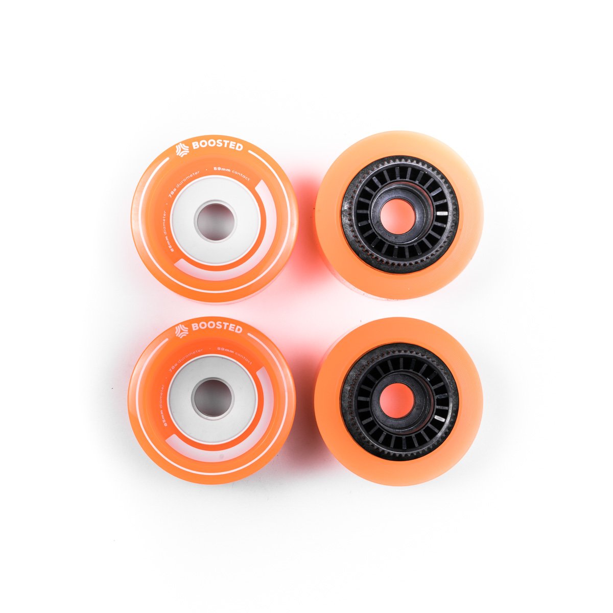 Boosted Lunar Wheels - 80mm - Grey (Set of 4 / 2 front & 2 drive) Boosted Boards spent countless hours studying different core geometries and flex profiles to design a wheel with the right combination of grip, flex, and rebound. With 80mm options, these wheels deliver the highest roll speed of any Boosted board to date. Ride like the wind.