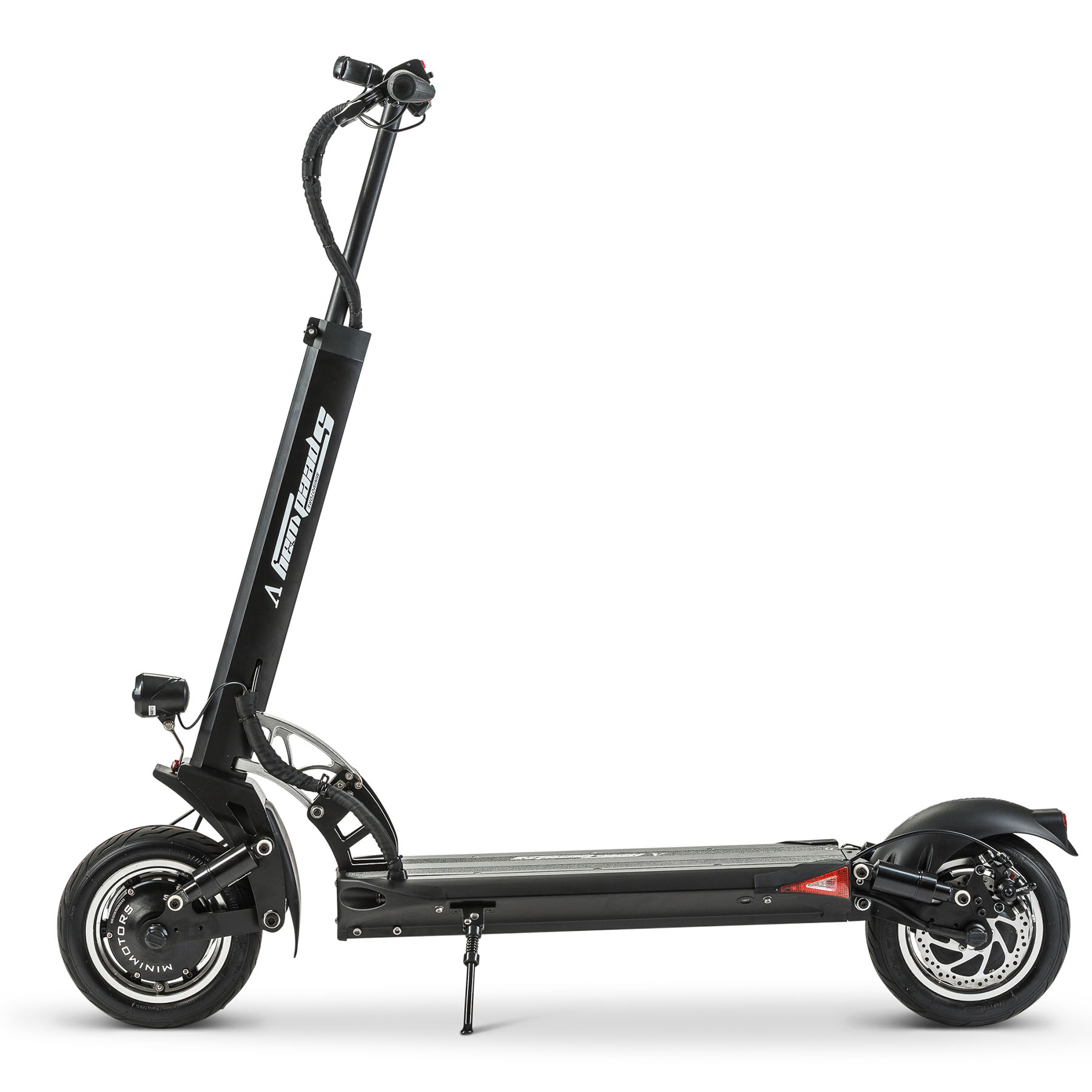 Speedway 5 The Speedway 5 is a electric scooter that packs a punch in price and stats and is foldable. The 1800Ww (or 3600W) motor makes it the perfect scooter for hilly roads or when you need some extra power. Both versions of the Speedway 5 can go up to 55 km/h when unlocked and have both suspension on the front and back. The magnetic (motorbrakes) and diskbrakes make sure you come to a complete stop in a matter of seconds.
