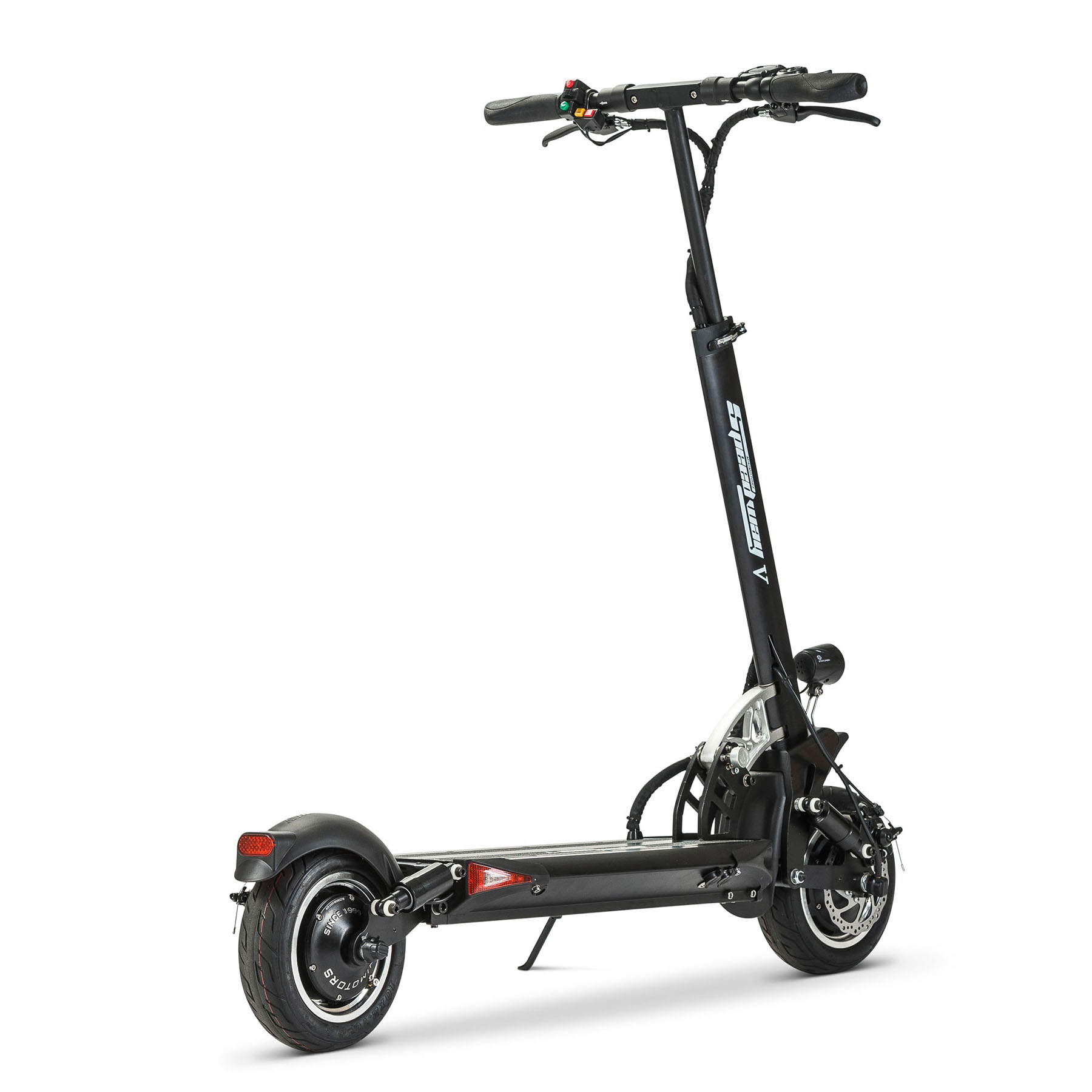 Speedway 5 The Speedway 5 is a electric scooter that packs a punch in price and stats and is foldable. The 1800Ww (or 3600W) motor makes it the perfect scooter for hilly roads or when you need some extra power. Both versions of the Speedway 5 can go up to 55 km/h when unlocked and have both suspension on the front and back. The magnetic (motorbrakes) and diskbrakes make sure you come to a complete stop in a matter of seconds.