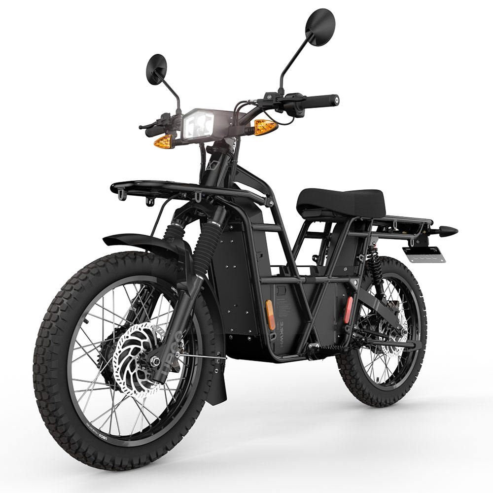 UBCO 2X2 Adventure Bike - Black On-road or off-road, this electric motorbike is conveniently lightweight, making it easy to lift onto your van, truck or RV. Humming under 75dB with a range up to 120km, you can discover new far off places while enjoying the sound of nature. With a total carry weight of 150kg you can take the bigger tent and the extra pots without all the fuss. Top speed 45km/h | 28mph Weight incl. power supply 66-71kg | 145-156lb Max range 70-120km | 43-75mi
