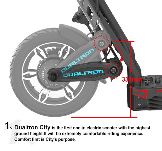 Dualtron City Experience the ultimate ride in the concrete jungle with the Dualtron City electric scooter. Designed with cutting-edge technology and superior engineering, this sleek and powerful electric scooter is built to conquer the challenges of urban commuting like never before. Equipped with dual brushless DC motors, the Dualtron City effortlessly accelerates to a top speed of 25 km/h or 70 km/h when unlocked, allowing you to navigate through city streets with ease and efficiency. With its impressive torque and power, conquer steep inclines and leave traffic behind as you glide through the city with confidence. Featuring a high-capacity lithium-ion battery, the Dualtron City offers an impressive range of up to 80 kilometers on a single charge. Say goodbye to range anxiety and enjoy extended journeys without the need for frequent recharges. The advanced battery management system ensures optimal performance and safety, while the quick charging capability gets you back on the road in no time.