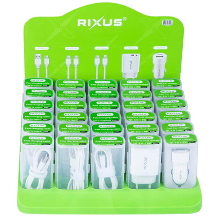 Rixus counter display RXDS01 filled with cables and chargers
